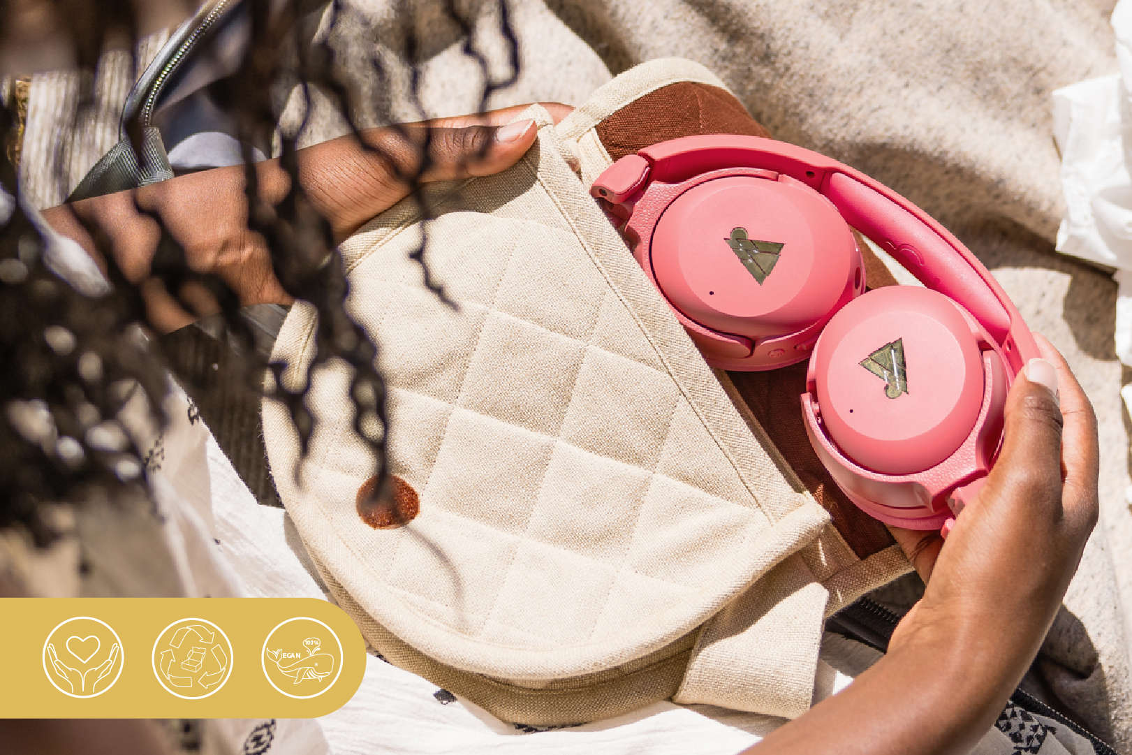 The Turtle headphones being placed in The Wallaby pouch
