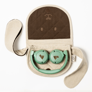 The Wallaby travel pouch with green POGS The Gecko headphones